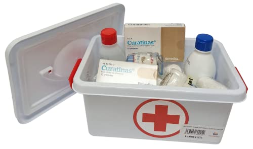 Botiquin caja primeros auxilios con tapa 4 litros medidas: 28cmx19cmx13cm equipado con varios artículos para realizar las primeras curas en caso de emergencia