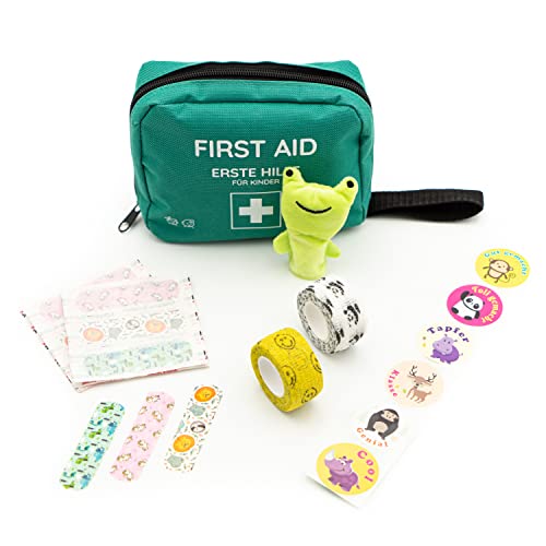 FLEXEO Set de primeros auxilios para niños, botiquín de viaje para niños lleno de 47 piezas, tijeras, bolsa de primeros auxilios para bebé, kit de emergencia con marioneta de dedo y pegatinas de