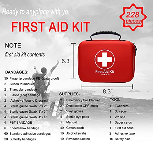 SHBC Kit de Primeros Auxilios (228 Piezas) Compacto Diseñado para Cuidados Familiares de Emergencia. Carcasa de EVA a Prueba de Agua. Esta Bolsa es Ideal para el Coche, Barco, Camping, Oficina. Rosa