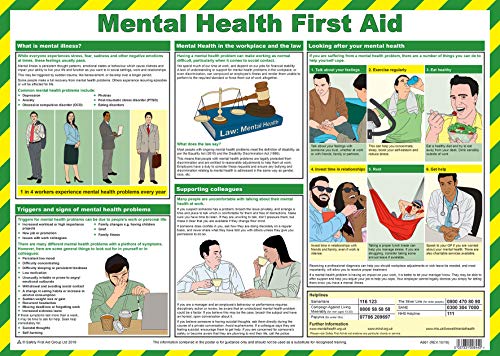 Safety First Aid Póster de primeros auxilios de salud mental (tamaño A2), laminado