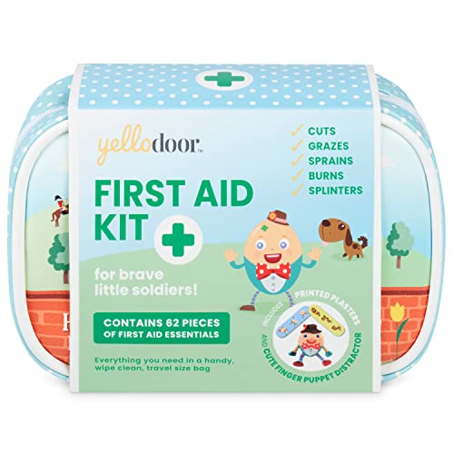 Yellodoor -Kit de primeros auxilios para bebés, 68 piezas de suministros de grado médico esencial para niños, hogar familiar, automóvil y viaje, incluye marioneta de dedo de Humpty Dumpty
